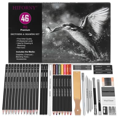 Juego de 46 lápices de dibujo para bocetos, con lápices de carbón de colores, grafito, carbón, accesorios, kit de dibujo - Amazon