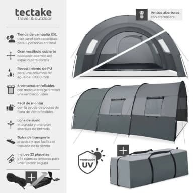 Tienda de campaña ROSKILDE [6 personas, con toldo y sueldo; proteccion UVA 50+; 350x480x195cm] - Tectake