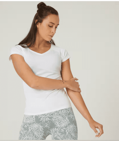 Camiseta fitness manga corta cuello pico algodón extensible Mujer blanco tallas 2xs, xs - Decathlon