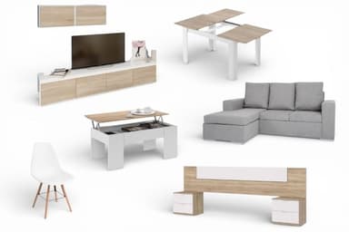 Piso completo 13 - CANYON MEDITERRANEO (CH Canyon Gris) Mueble de salón + Mesa salón y centro + 4 Sillas + Cabecero y mesitas + Chaiselongue - ATRAPAmuebles