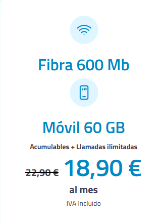 Fibra y Móvil (600MB y 60GB) 18.9€/mes en VISALIA - Visalia