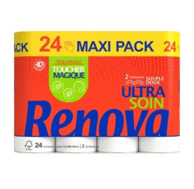 40% de Remise Immédiate sur Renova - Ex : Lot de 24 rouleaux de papier hygiénique Renova 4D Ultra Soin (soit 0,16€/rouleau) - Leclerc Drive