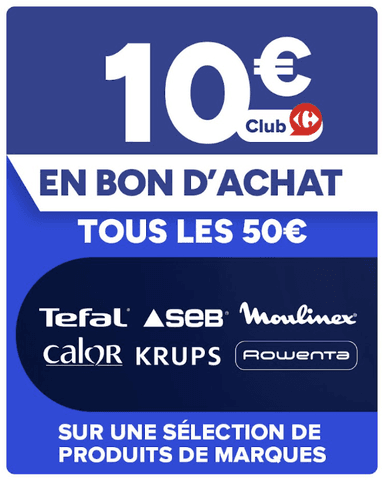 10€ offerts en bon d'achat tous les 50€ sur une sélection de produits Tefal, Seb, Moulinex, Calor, Krups, Rowenta (10 tranches max) - Carrefour