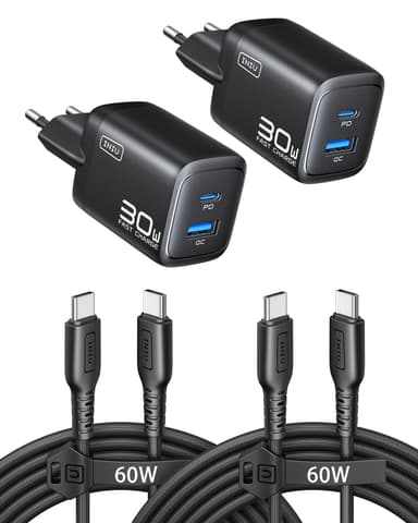 Lot de 2 Chargeur USB C Iniu - 30W, 2 Ports, Prise GaN, avec 2 Câbles 60W - Amazon
