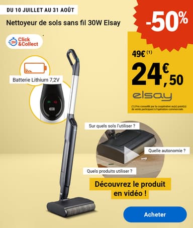 Nettoyeur de sol sans fil Elsay VS530 - Brosse motorisée, 25 min d'autonomie, Réservoirs 450ml + 300ml, 7,2V - E.Leclerc