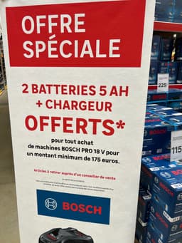 Lot de 2 Batteries GBA 5Ah & Chargeur offerts dès 175€ d'achat sur une sélection d'outils Bosch Pro - Leroy Merlin Colomiers, Toulouse (31)