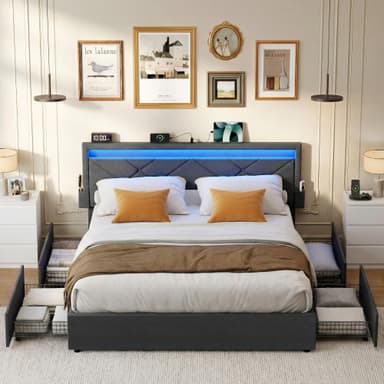 Lit Double Vasagle, 140 x 190 cm, avec led, en métal, 4 Tiroirs, multiprise, tête de lit rembourrée ajustable - Amazon
