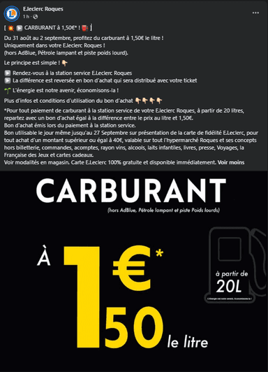 Carburant à 1,50€ à partir de 20 Litres (Via différence en bon d'achat) - Roques (31) - E.Leclerc