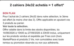 2 cahiers achetés = 1 cahier offert