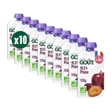 Lot de 10 Gourdes de Purée Bébé GOOD GOÛT - Goût prune, Sans Sucres Ajoutés, Fabriqué En France (via Prévoyez & Économisez) - Amazon