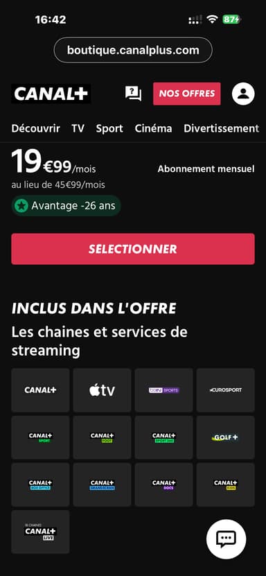 [-26 ans] Abonnement Canal+ RAT+ SPORT sans engagement : beIN Sports, Eurosport, Canal+ Sport, Apple TV+ - Canal+