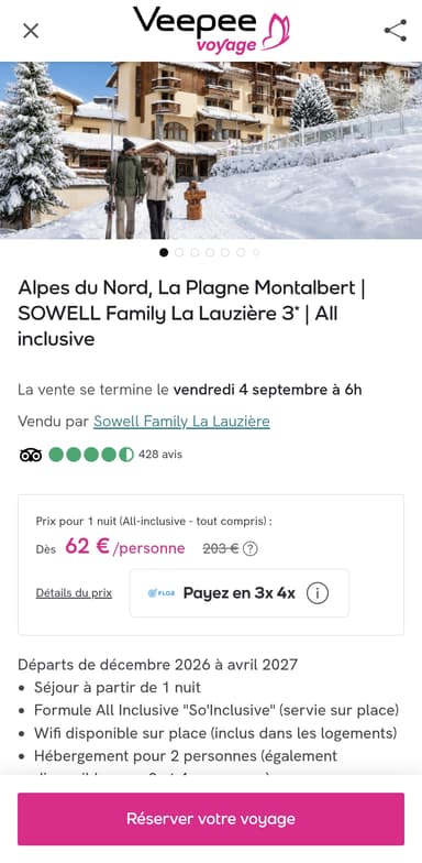 Séjour All Inclusive 2 personnes, de décembre 2026 à avril 2027 - Alpes du Nord, La Plagne Montalbert.... (Prix minimum 2 pers : 123,50€) - Veepee