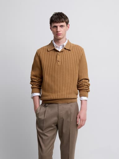 Pull homme Devred 1902 en coton bio 100% camel - col polo boutonné, tailles M à XXL - Devred