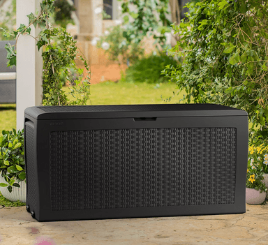 Coffre de jardin en résine Keter Samoa - 270 Litres, effet rotin tressé, roulettes - Castorama