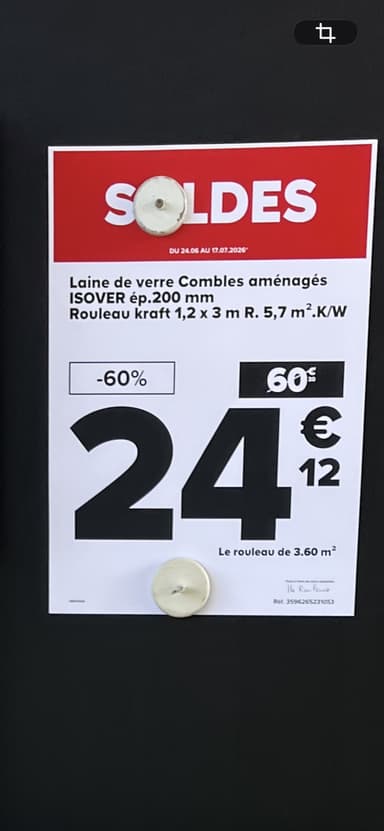 Laine de verre combles habitable isover - 200mm - R=5,7 - Castorama Villenave d'Ornon (33) - Castorama