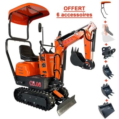 Mini pelle Terra CS06.R 600 kg thermique - 8.5 cv, attache rapide, 3 godets + pouce inclus, compacte 690 mm - SCD Équipements