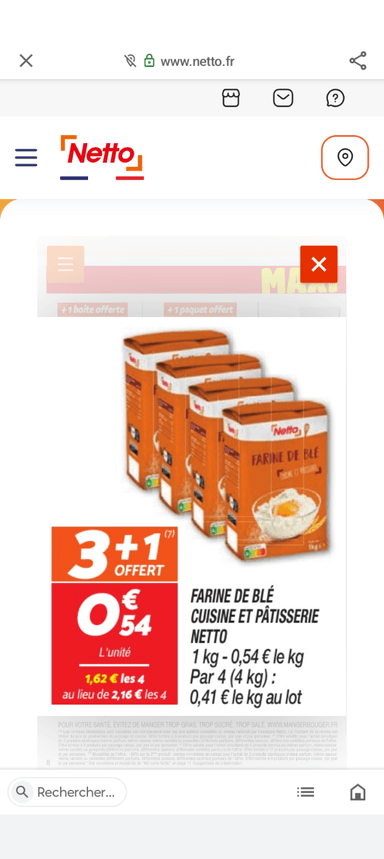 Lot de 4 paquets de Farine de blé Netto - 4 x Kgs (via 3 + 1 offert) - Netto