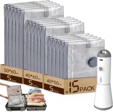Lot de 15 Sacs Sous Vide pour vêtements avec pompe sous vide sans fil -5x40x50 cm, 5x40x60 cm, 5x50x60 cm) - JoyBuy