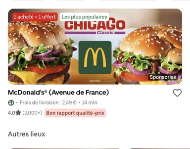 1 Wrap, Big Mac, 9 Nuggets, Mcchiken ou doublecheese acheté = 1 offert (Sélection de restaurants) - Uber Eats