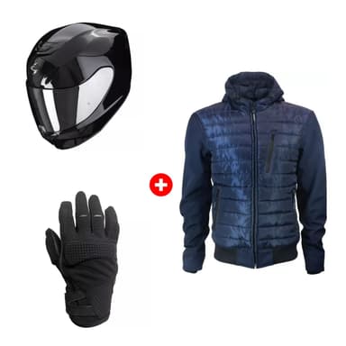 Pack Moto Flash Bleu Homme - Casque Scorpion Exo-391 Solid, Blouson Harisson Aspen et Gants Tekride Rio Noir - Speedway