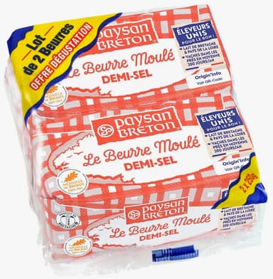 Lot de 2 plaquettes de Beurre Moulé demi-sel Paysan Breton - 2 x 250g - Intermarché