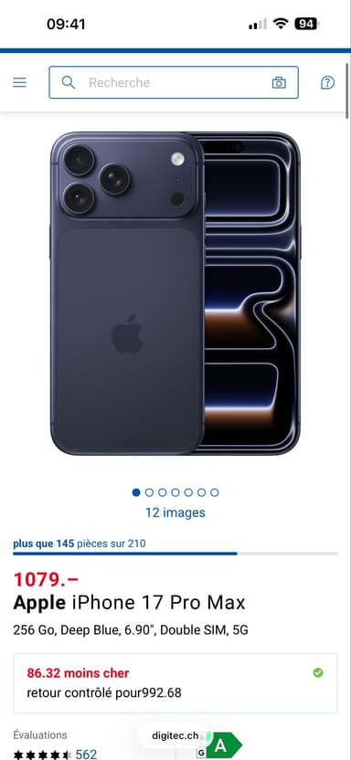 Smartphone 6,9" Apple iPhone 17 Pro Max- RAM 12 Go, 256 Go, Bleu (Frontaliers Suisse) - Galaxus CH