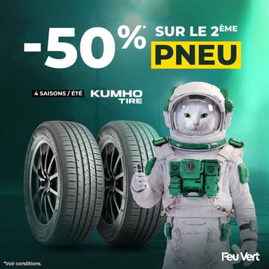 50% de réduction sur le 2ème pneu Kumho 4 saisons ou été, avec montage, acheté - Feu Vert