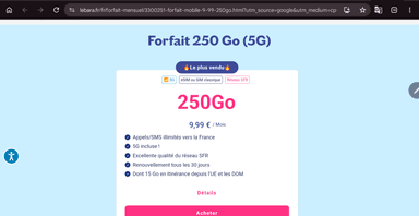 [Nouveaux Clients] Forfait Mobile Lebara - Appels/SMS illimités 5G + 250 Go de Data (15 Go en UE) - Réseaux SFR - Lebara