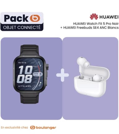 Montre connectée Huawei Pack Watch FIT 5 Pro Noir + Ecouteurs sans fil Huawei Freebuds SE 4 (-100€ au panier) - Boulanger