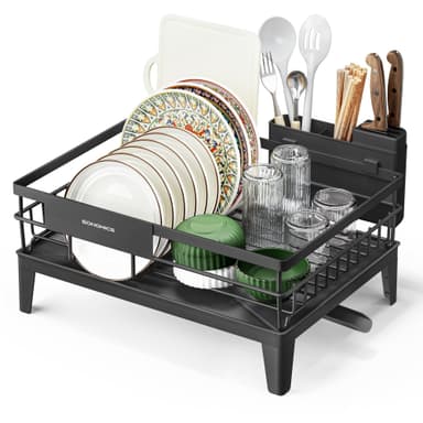 Égouttoir à vaisselle Songmics - Extensible, Bec Rotatif, Bac d’Égouttement, Porte-Couverts, 31 x 42 x 18,5 cm - Noir - Amazon