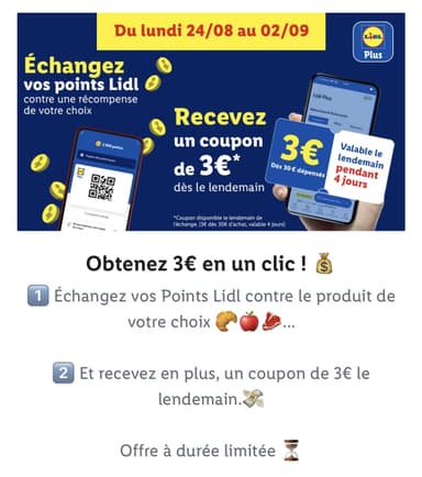 [Lidl +] 3€ de réduction dès 30€ d'achat sur vos courses pour tout échange de points contre un produit - Lidl