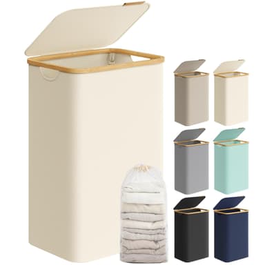 Panier à linge pliable avec couvercle 90L - Doublure en maille amovible, tissu Oxford, poignées en bambou - 42 x 32 x 70,5 cm - Crème - Amazon