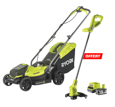 Pack tondeuse Ryobi 18V, l.33cm + coupe-bordure + batterie 4Ah + chargeur de batterie (Vendeur Tiers) - Leroy Merlin
