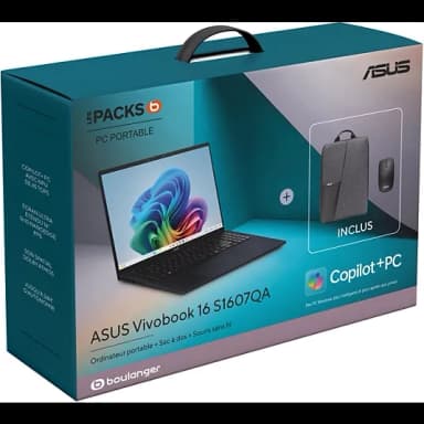PC portable 16" ASUS Vivobook 16 - Snapdragon X, 8 Go RAM LPDDR5x, SSD 256 Go, Win 11, sans chargeur + Sac de transport & Souris inclus - Boulanger
