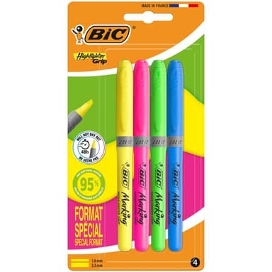 Blister de 4 surligneurs Highlighter Grip Bic - couleurs assorties - Bureau Vallée