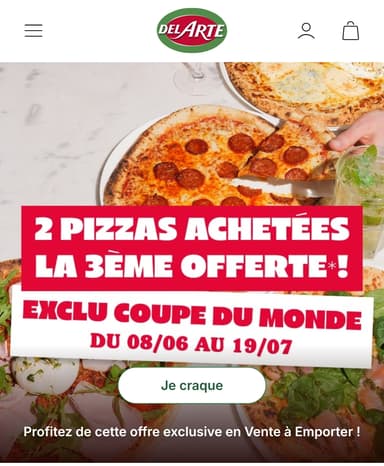 2 pizzas achetées, la troisième offerte uniquement en vente à Emporter - Del Arte