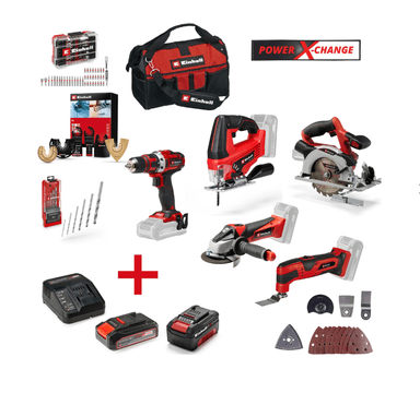 Pack 5 outils Einhell : Meuleuse d'angle + Perceuse visseuse + Scie circulaire + Scie sauteuse + Outil multifonctions - Veepee