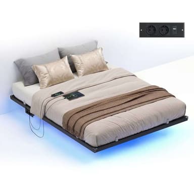 Lit Flottant avec LED - Station de charge amovible 2 Prises + 1 Port USB - Jusqu'à 500 kg - 140 x 190 cm - Noir - Amazon