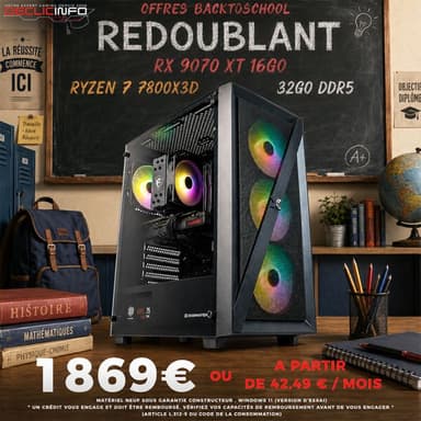 PC fixe Redoublant - Ryzen 7 7800X3D, RX 9070 XT 16 Go, 32 Go DDR5 6000 MHz (2 x 16 Go), 1 To SSD, B850M-F WiFi, 750W - 80+ Bronze - Déclic Info