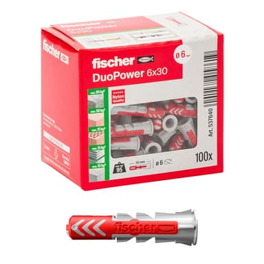 Lot de 100 chevilles Fischer DuoPower - 6 x 30 mm, pour mur plein, brique perforée, cloison sèche, 537640 - Amazon
