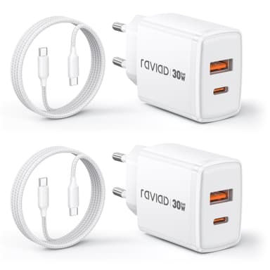 Lot de 2 chargeurs rapides Raviad 30W USB C avec câble 2M (via coupon - vendeur tiers) - Amazon