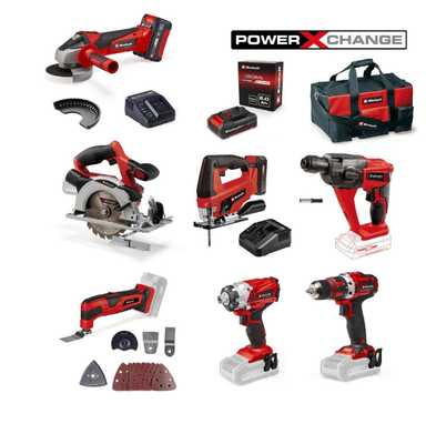 Pack 7 Outils Einhell - Perceuse + Marteau perforateur + Meuleuse + 2 scies + Visseuse + Outil multifonctions + accessoires - Veepee
