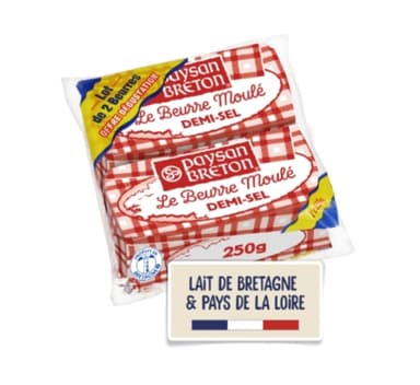 Lot de 4 plaquettes de Beurre demi-sel ou doux Paysan Breton - Origine France, 4 x 250G - Carrefour