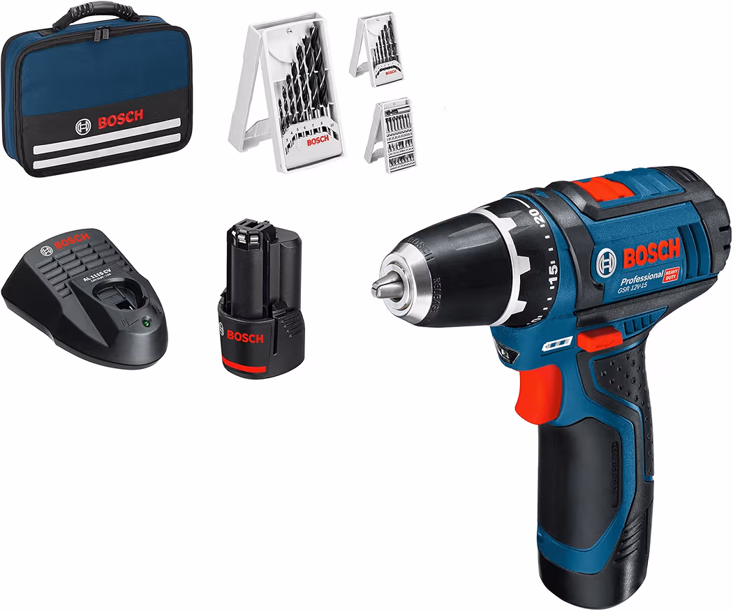 Perceuse-visseuse sans-fil Bosch GSR 12V-15, livré avec 2 batteries 2,0 Ah + chargeur, set d'accessoires 39 pièces et sac - Amazon
