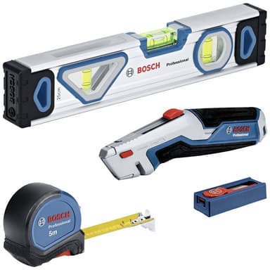 Set d’Outils 4 Pièces Bosch Professional - Niveau Bulle 25cm, Mètre Ruban 5m, Cutter avec Lame Extractible & 10 Lames de Rechange - Amazon