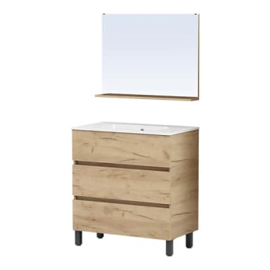 Ensemble meuble sous vasque l.80 cm Teide 80 cm (effet chêne, 3 Tiroirs) + vasque résine + miroir - Castorama