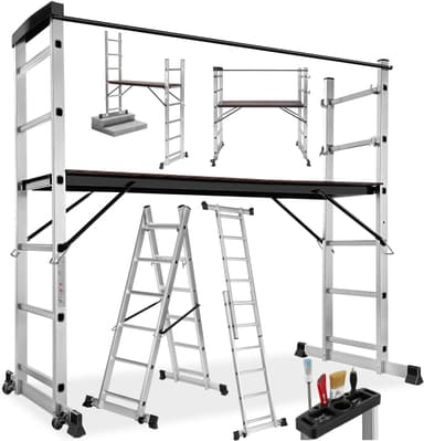 Échafaudage multifonction aluminium 4 en 1 - Plateforme 147 x 40 cm, 150 kg, roulettes intégrées - Tectake Made4Home