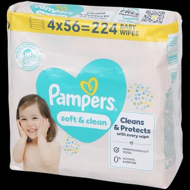 Lot de 4 paquets de Lingettes pour bébé Pampers Soft & Clean - 56 pièces - Action