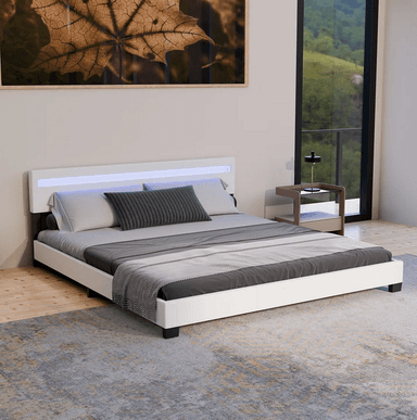 Lit rembourré "Paris" 180 x 200 cm - Coloris Blanc, Éclairage LED intégré, Sommier à lattes inclus & Revêtement simili design - Juskys