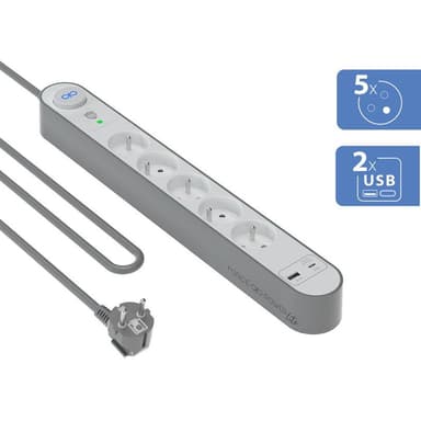 Multiprise parafoudre Bigben 5 prises + USB A et C - 800 joules, câble 1,5m - Bureau Vallée